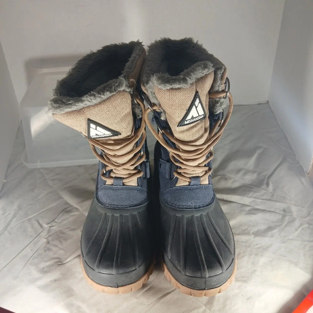 Mishansha Mens Snow Boots‎ Navy Blue Tan Duck Boots Faux Fur Lined Size 7